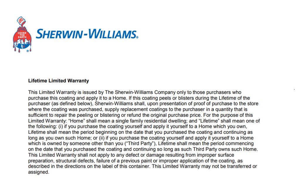 Sherwin-Williams lifetime limited warranty on interior and exterior painting by Tom Landry Painting in Sarasota, Florida.